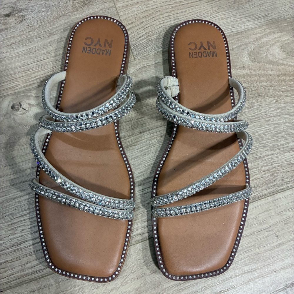 Madden NYC Silver Crystal-Strap Women's Slide Sandals